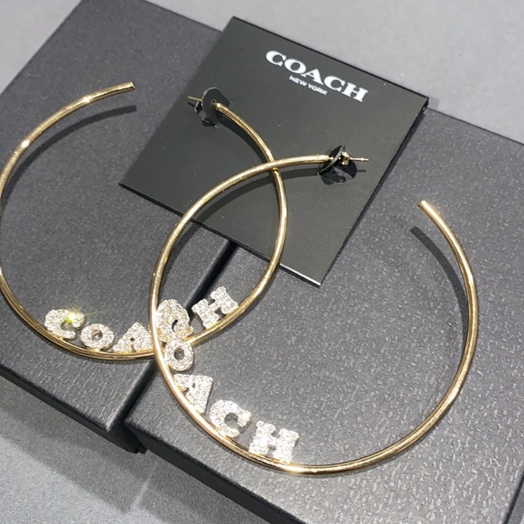 Authentic COACH J.Lo Signature Gold Pave Crystal Sparkle Logo Hoop Earrings - Picture 5 of 5